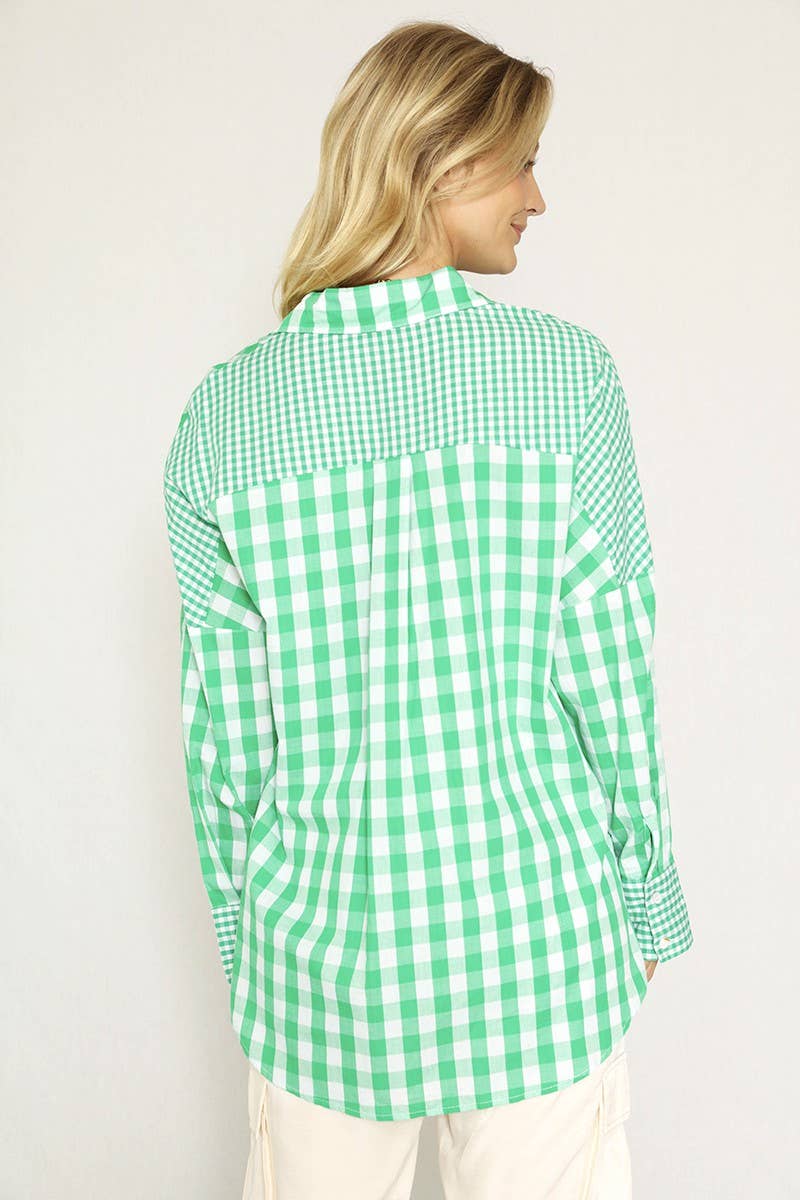 Plaid button up top: Red