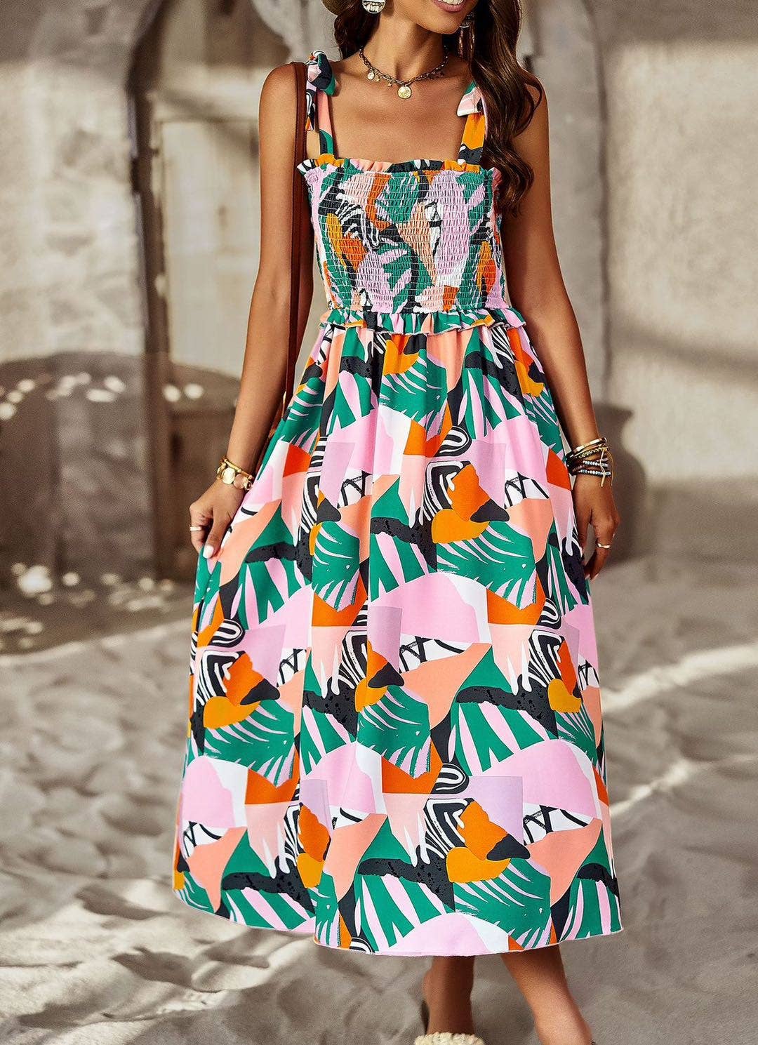 Smocked Midi Dress:Yellow Multi
