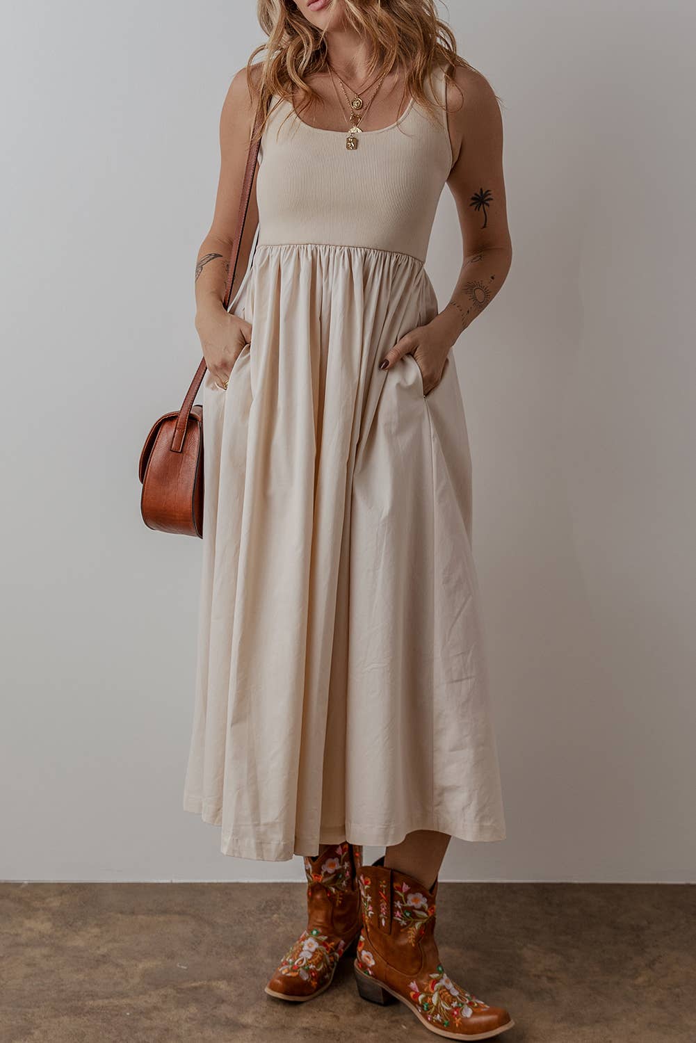 LDC Scoop Neck Ribbed Bodice Pleated Sleeveless Long Dress: Sky Blue