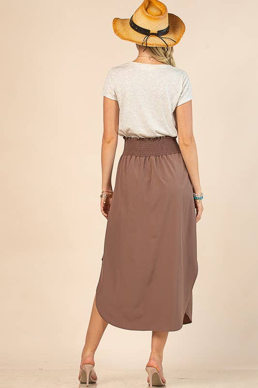 AV1213-MICHELLE ELASTIC BAND WAIST WOVEN MAXI SKIRT: Mocha / Contemporary