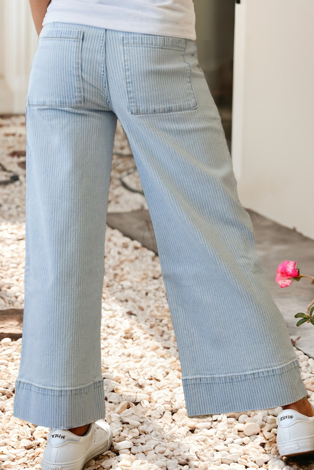 LDC Stripe Button Flap Pocket Cuffed Hem Wide Leg Jeans: Sky Blue