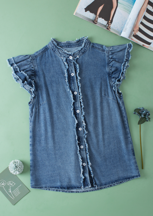 Beau Blue Button Front Ruffled Flutter Frayed Denim Top: Beau Blue / 100%Cotton