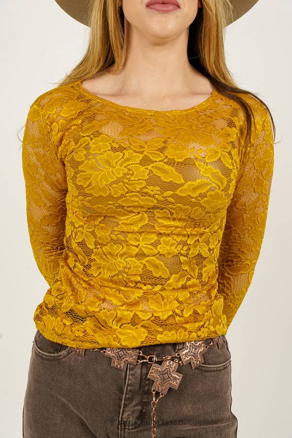 Plus Size Mustard Lace Long Sleeve Top: