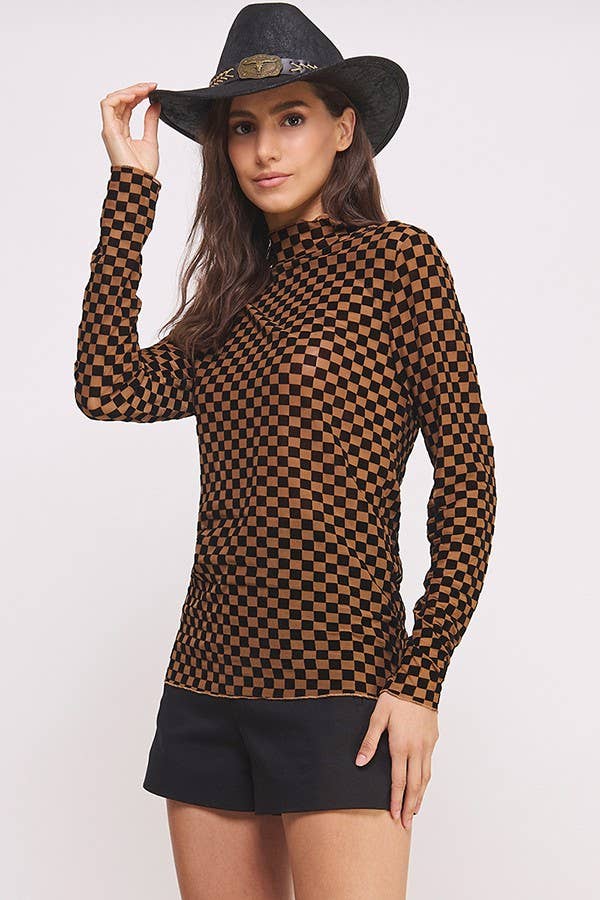 LONG SLEEVE CHECKERED MESH MOCK NECK TOP: BLACK/WHITE