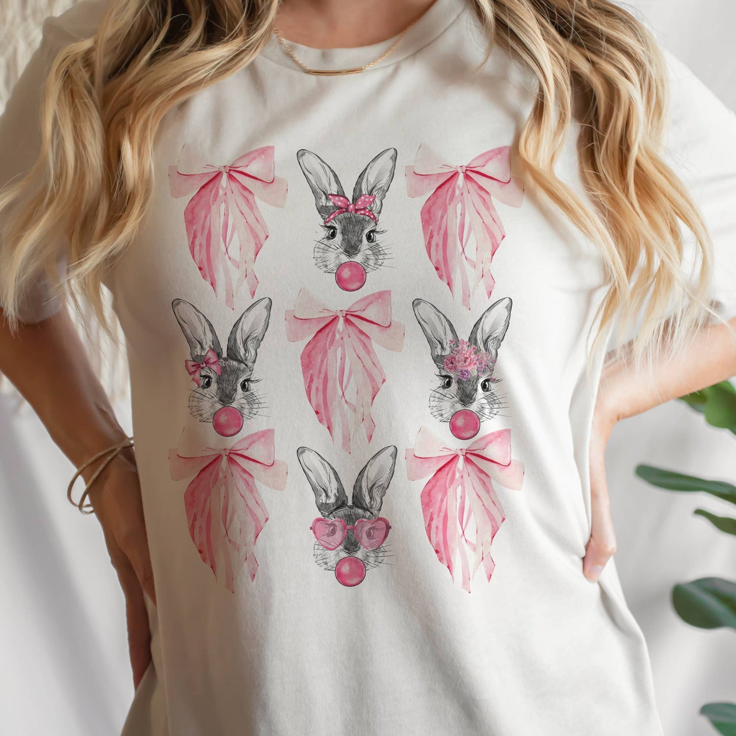 Coquette Tee Easter Bunny and Pink Bows Collage T-Shirts: / Cream
