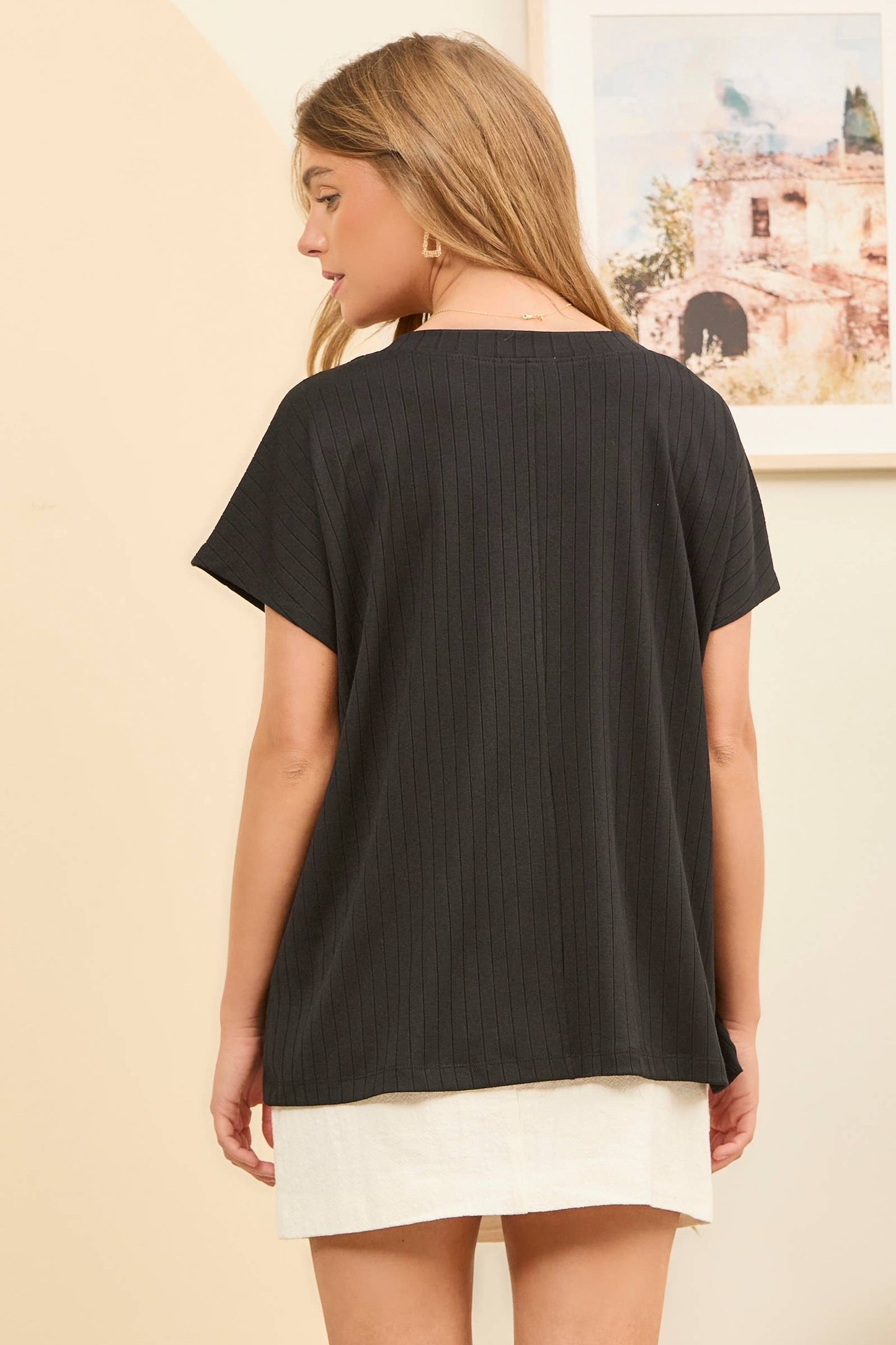 Casual Thick Ribbed V Neck Top: BLACK