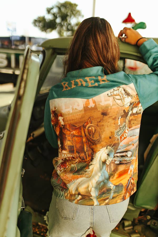 Jade Suede Zip Up Button Jacket W Vintage Western Print: