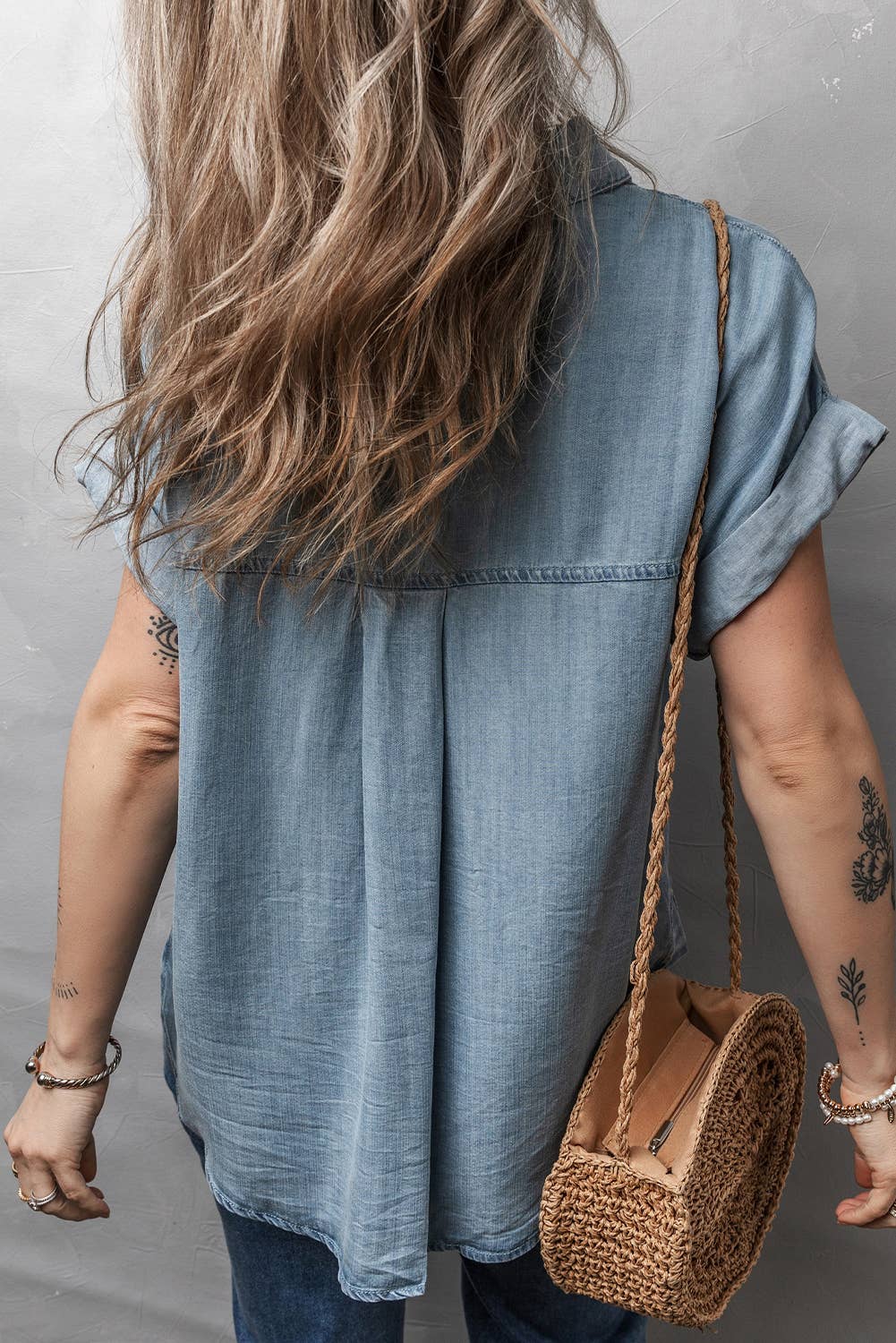 LDC Folded Short Sleeve Patched Pocket Denim Shirt: Dusk Blue