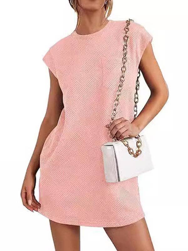 A-Line Loose Jacquard Pockets Solid Color Round-Neck Mini Dresses: FUCHSIA