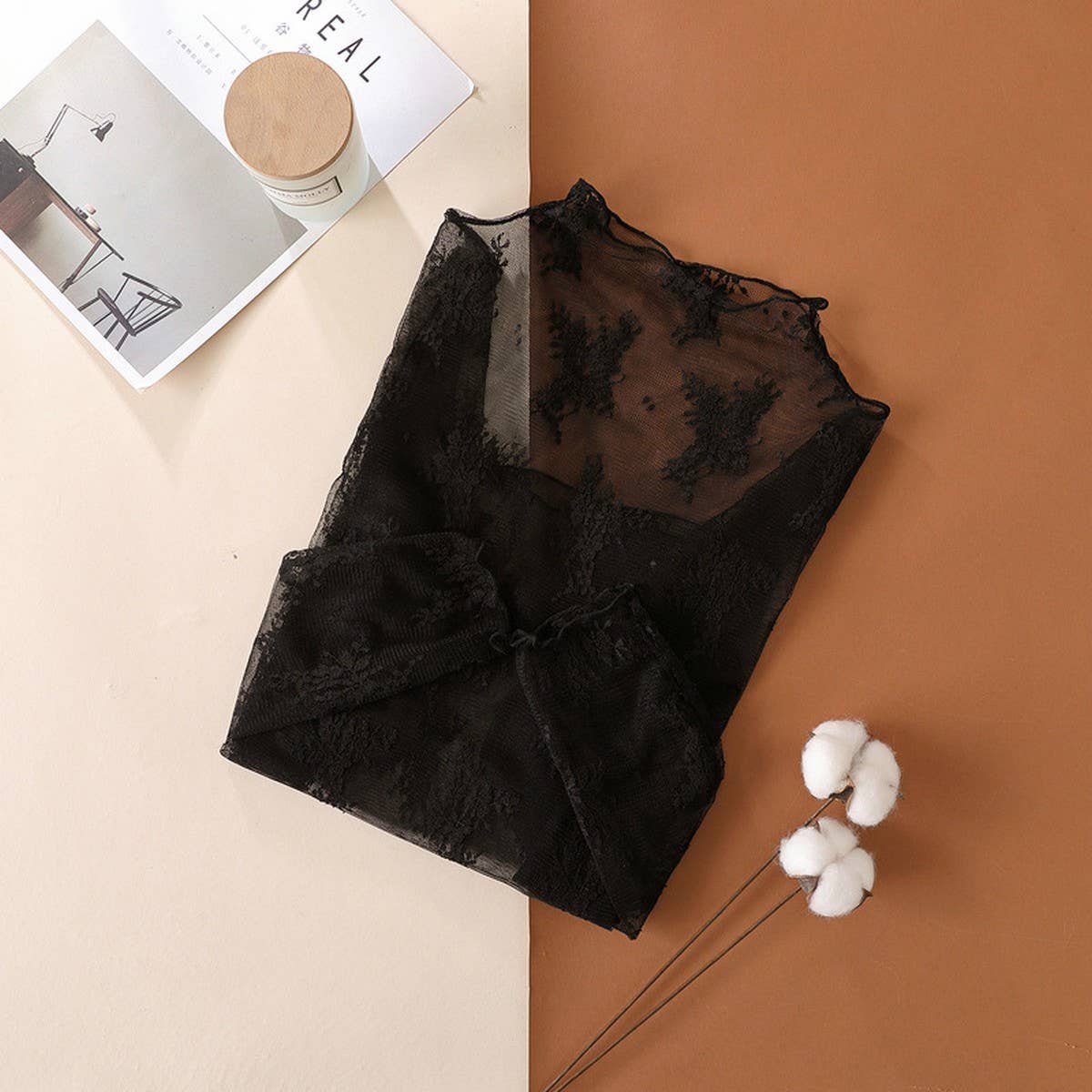 SEMI SHEER MESH LACE SEXY SLIM BOTTOMING SHIRT_CWTBLL2662: APRICOT