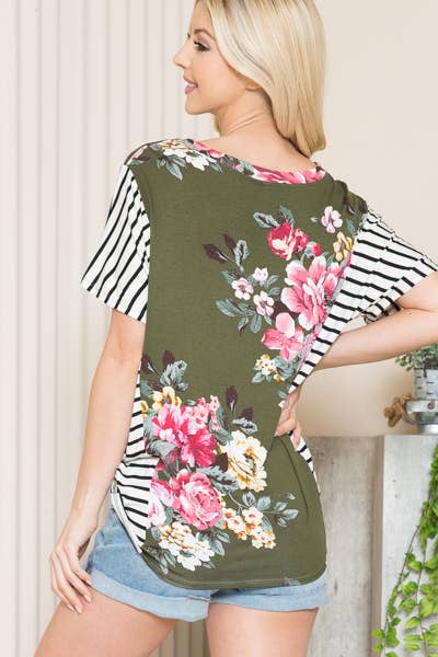 FLORAL TUNIC TOP WITH SIDE STRIPE CONTRAST: TURQUOISE