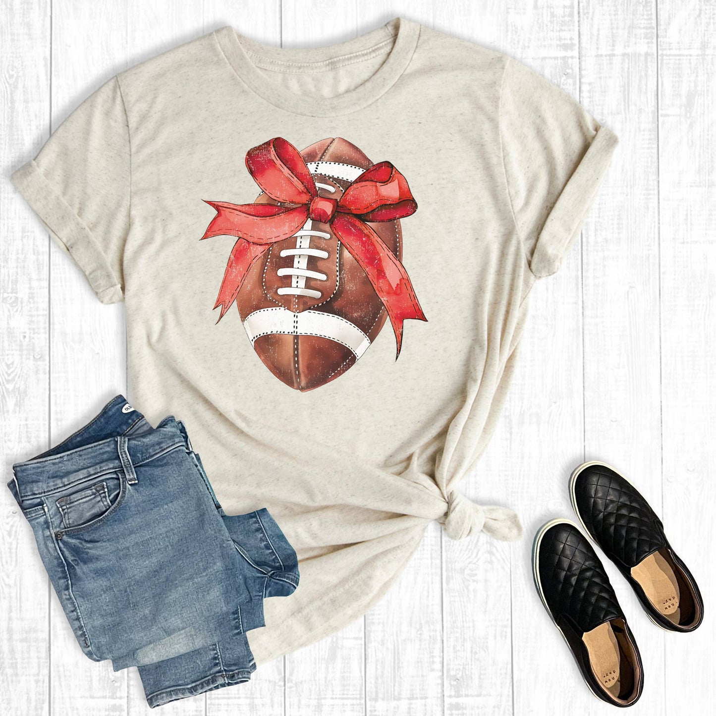 Football Coquette Bow Graphic Tee: Oat Short Sleeve