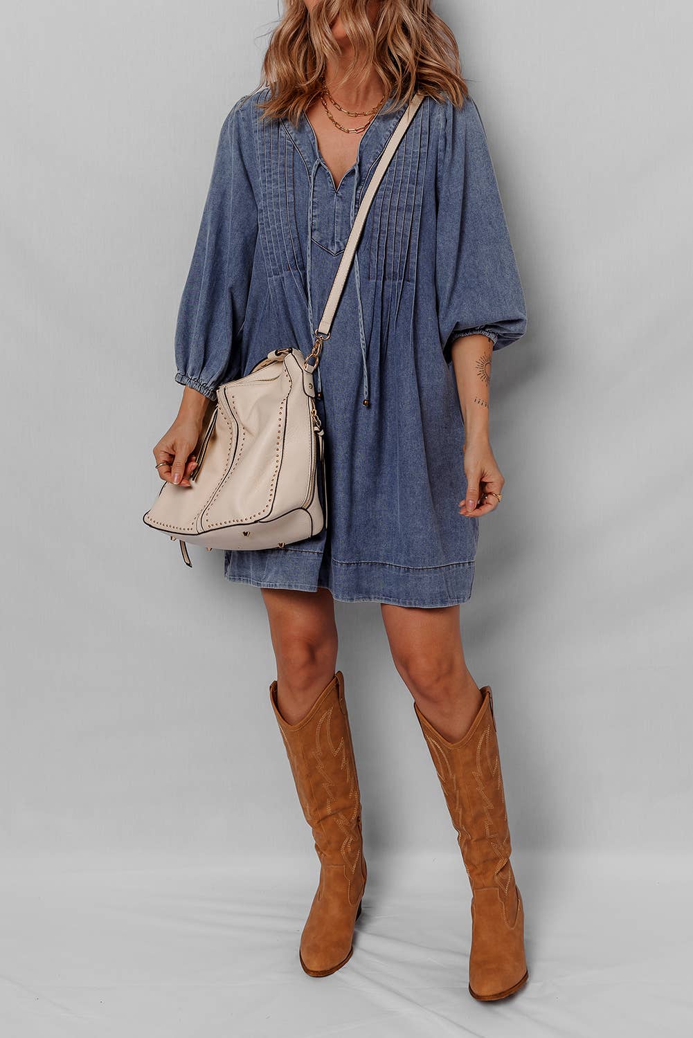 LDC 3/4 Sleeve Tied V Neck Pleated Denim Mini Dress: Sail Blue