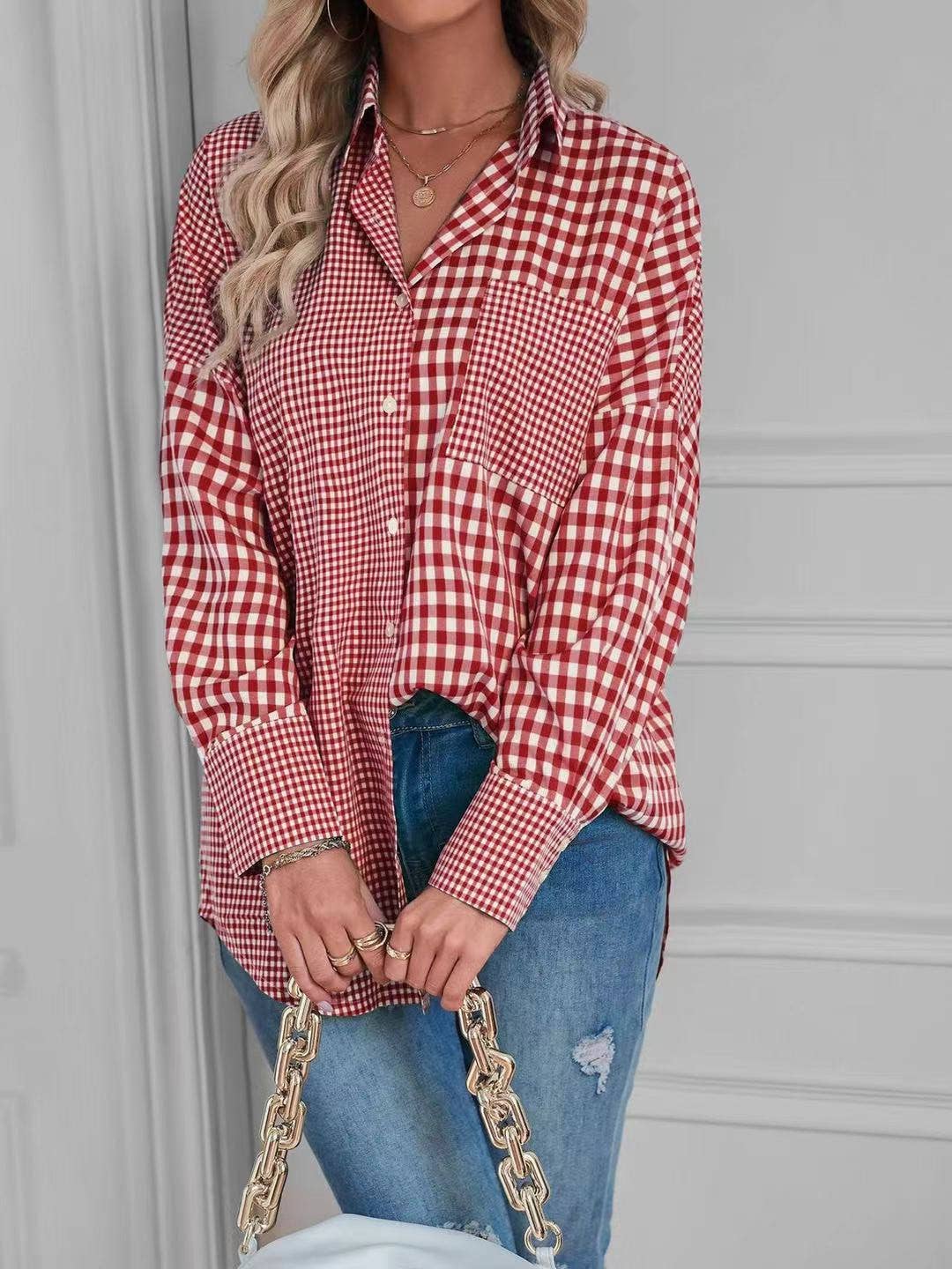 Plaid button up top: Red