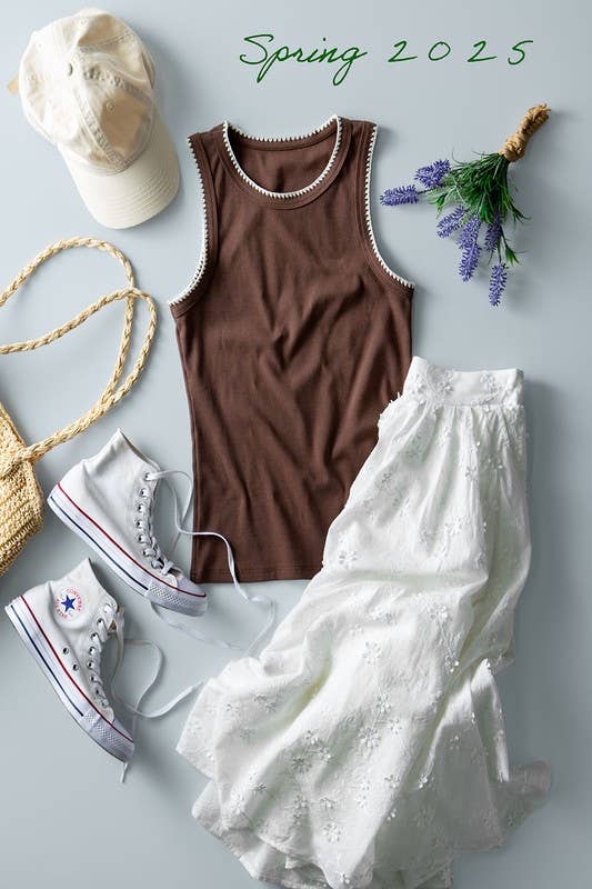 Structure Knit Casual Tank Top: Brown / S-2/M-2/L-2
