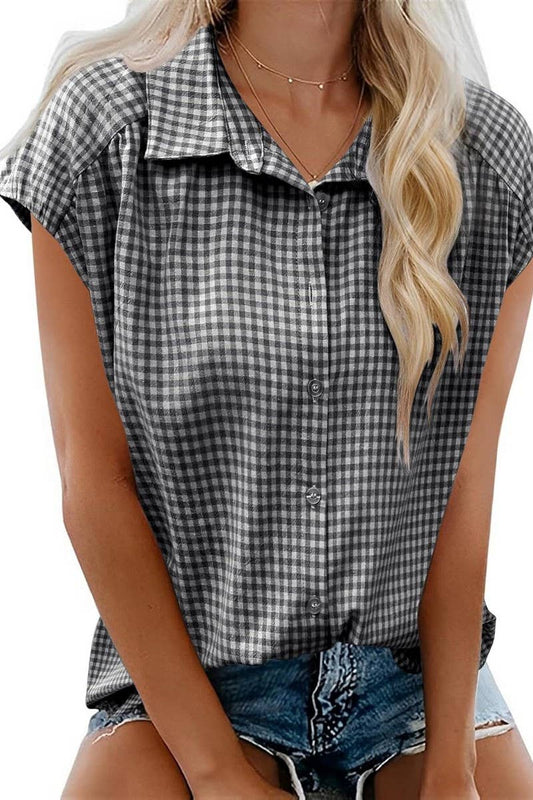 CWTBLSL0962_CASUAL PLAID BUTTON DOWN SHORT SLEEVE SHIRT: BLACK