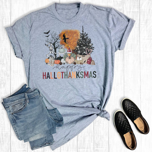 Holiday Happy Hallowthankmas Graphic Tee: Gray