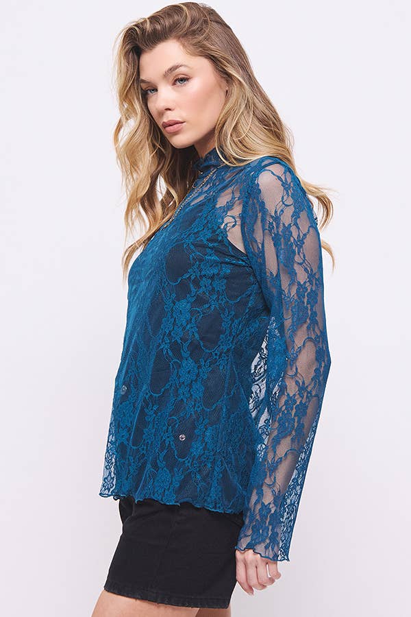 Floral print lace long sleeves top KRT1739 (Plus available): BLACK and White