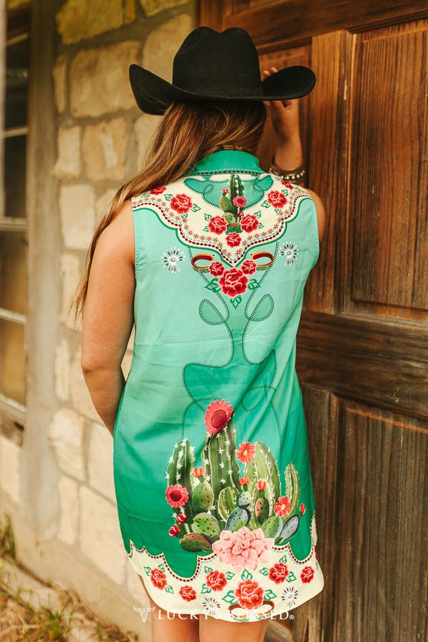 Jade Ombre Cactus Floral Button Down Sleeve