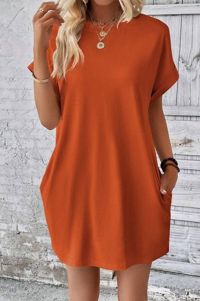 CWDSD3628_SOLID COLOR ROUND NECK LOOSE POCKET SHORT DRESS: Red