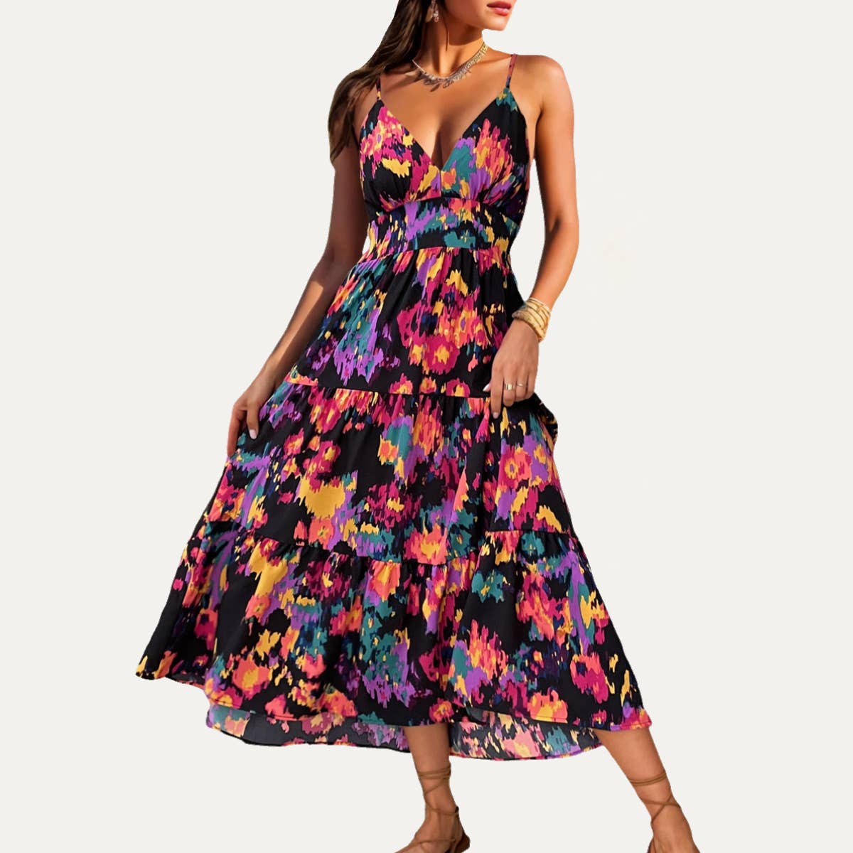 Holiday Multicolor Printed Sleeveless Open-Back Maxi Dress: Multi