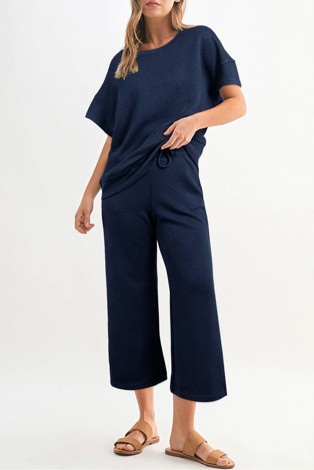 Women Multi-colored Textured T Shirt and Pants Set | S-2XL