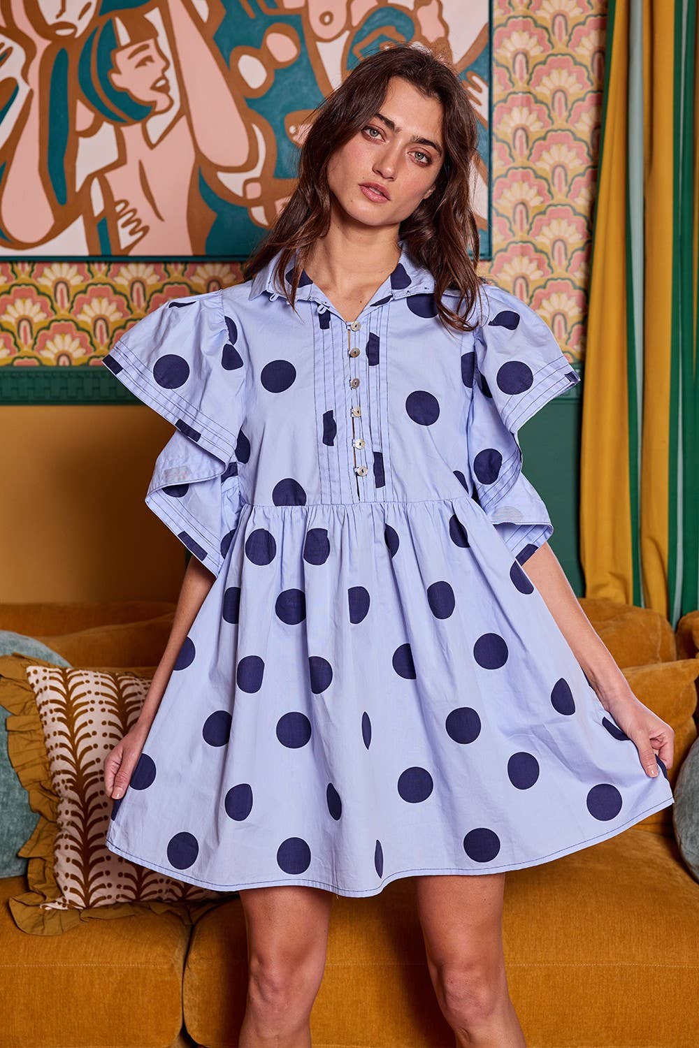 ID4283 Ruffle Sleeve Pintuck Detail Polka Dot Mini Dress: Taupe / S-M-L (2-2-2)
