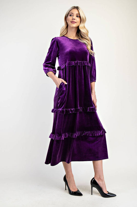 ELEGANT VELVET TIERED MODEST DRESS -MD33897: Purple