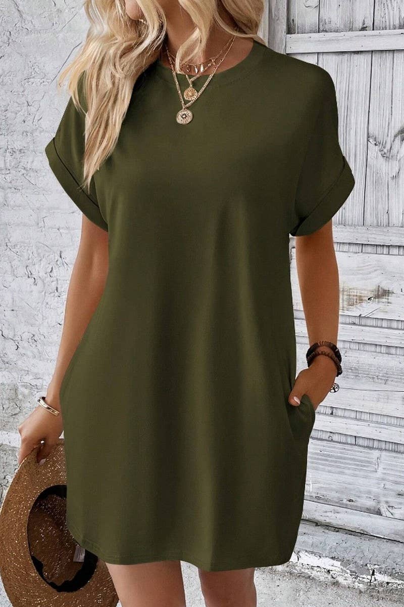 CWDSD3628_SOLID COLOR ROUND NECK LOOSE POCKET SHORT DRESS: Red