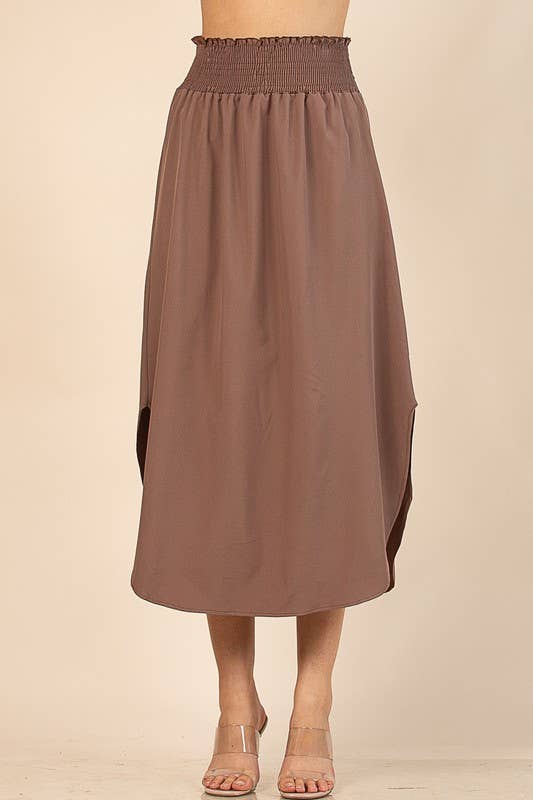 AV1213-MICHELLE ELASTIC BAND WAIST WOVEN MAXI SKIRT: Mocha / Contemporary