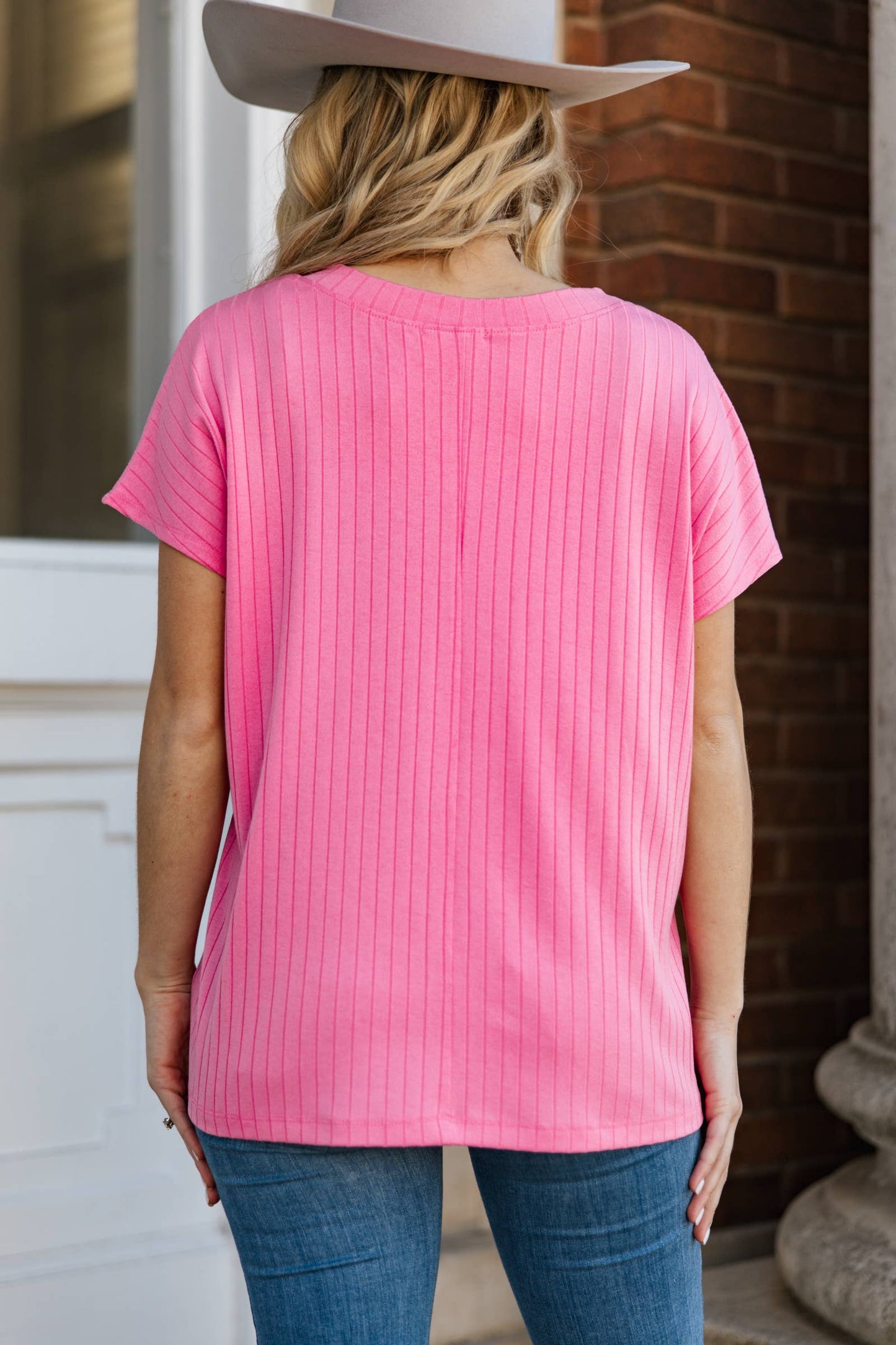 Casual Thick Ribbed V Neck Top: BLACK