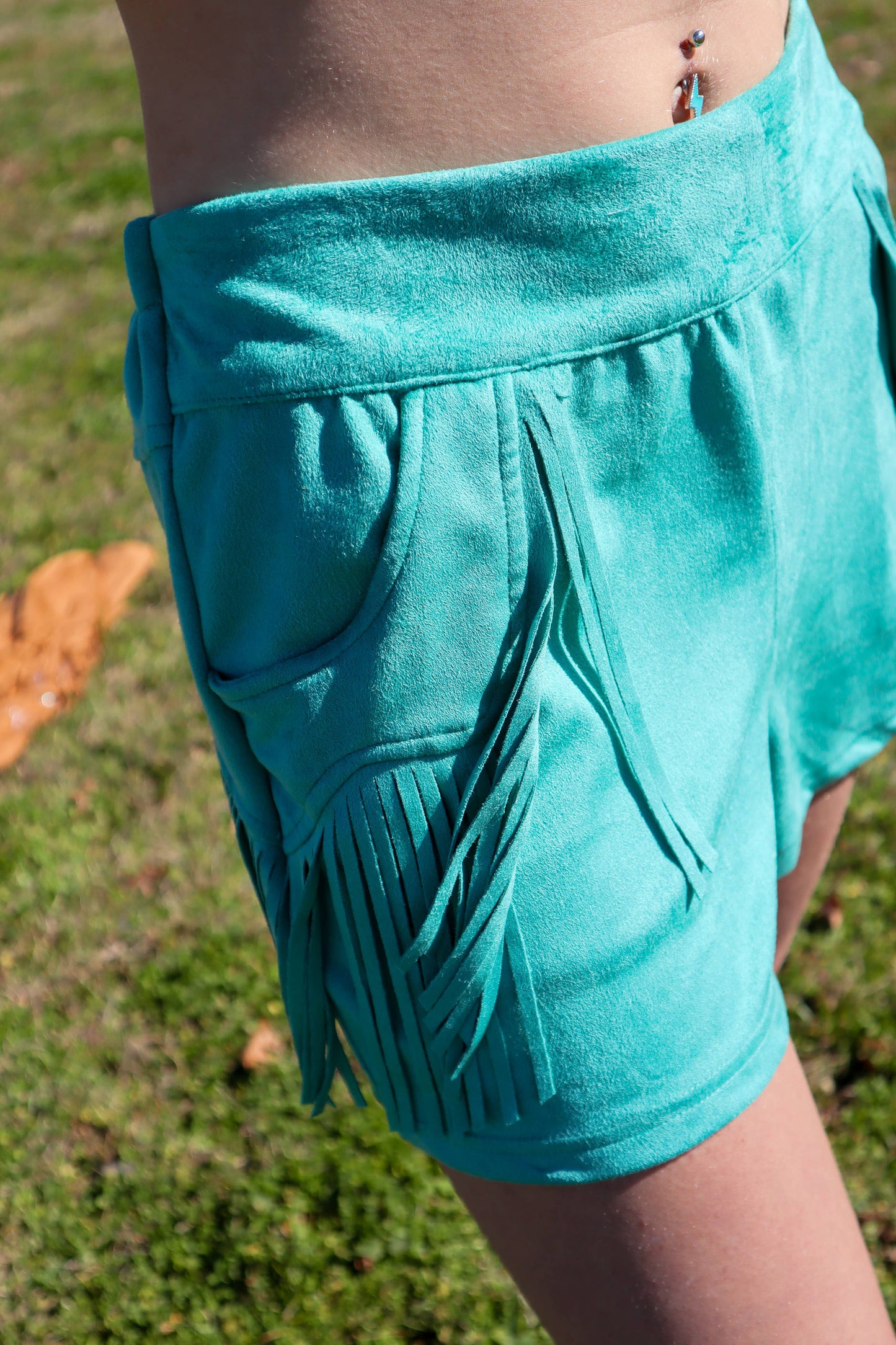 MK265 Holy Moly Vegan Suede Fringe Shorts - Turquoise : Turquoise
