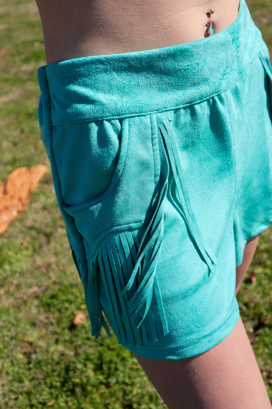 MK265 Holy Moly Vegan Suede Fringe Shorts - Turquoise : Turquoise