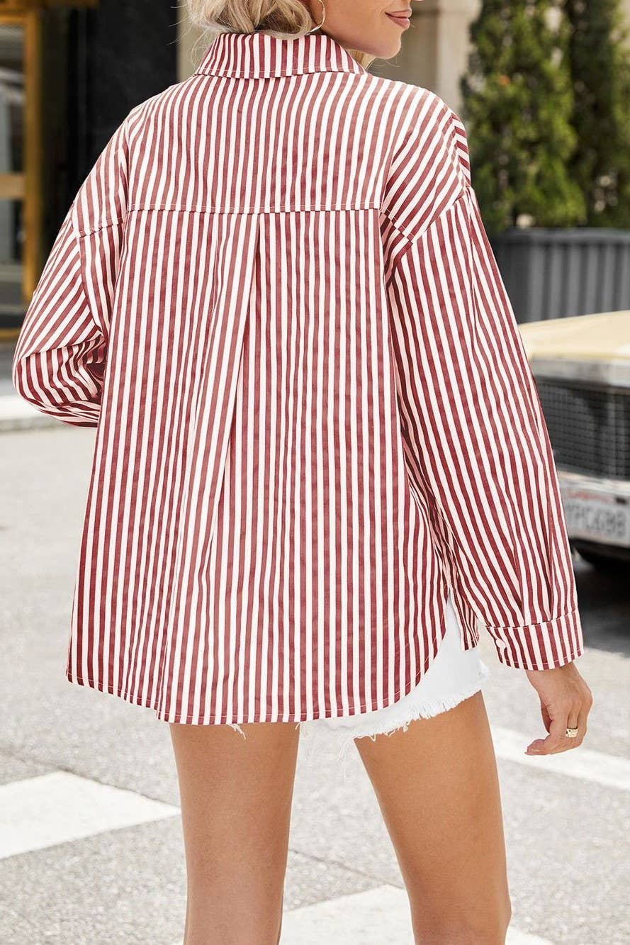 Lyviana Oversized Pink Striped loose shirt: Red