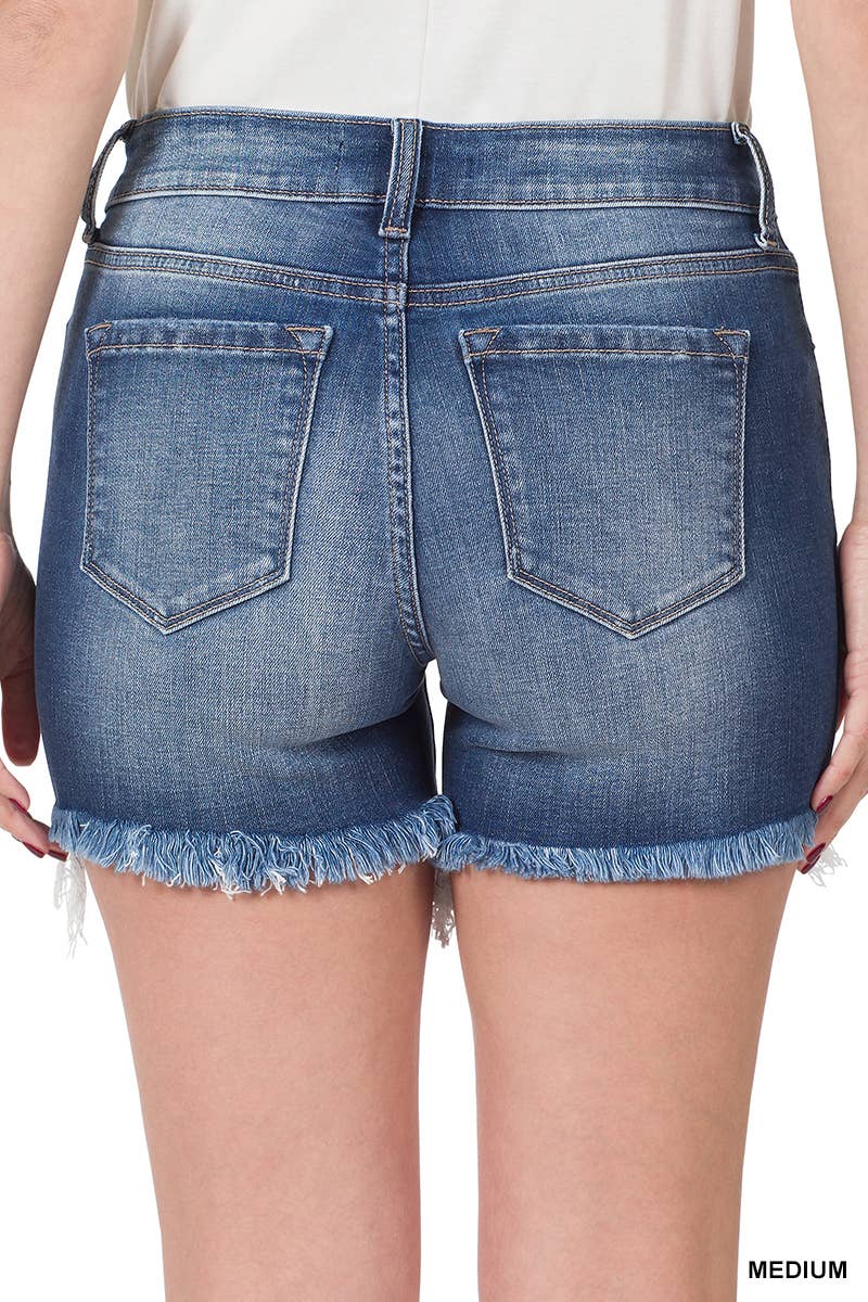 Zenana SC150660 Mid Rise Raw Frayed Hem Denim Shorts