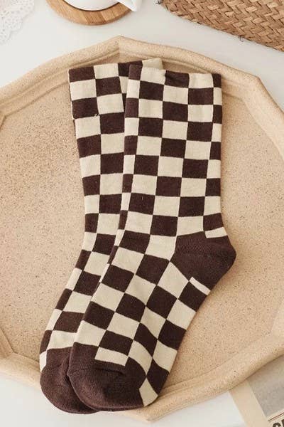Checkered crew socks: Cream / One Size