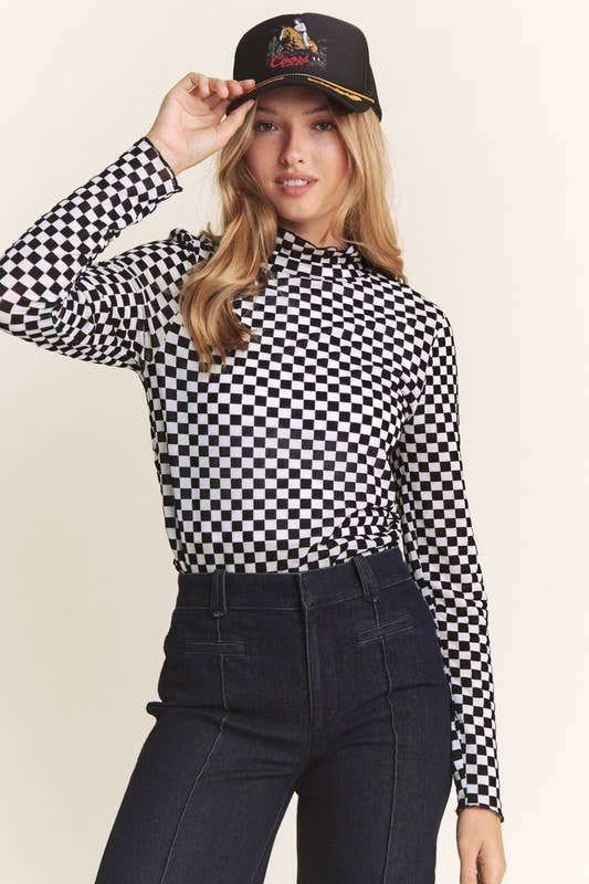 LONG SLEEVE CHECKERED MESH MOCK NECK TOP: BLACK/WHITE
