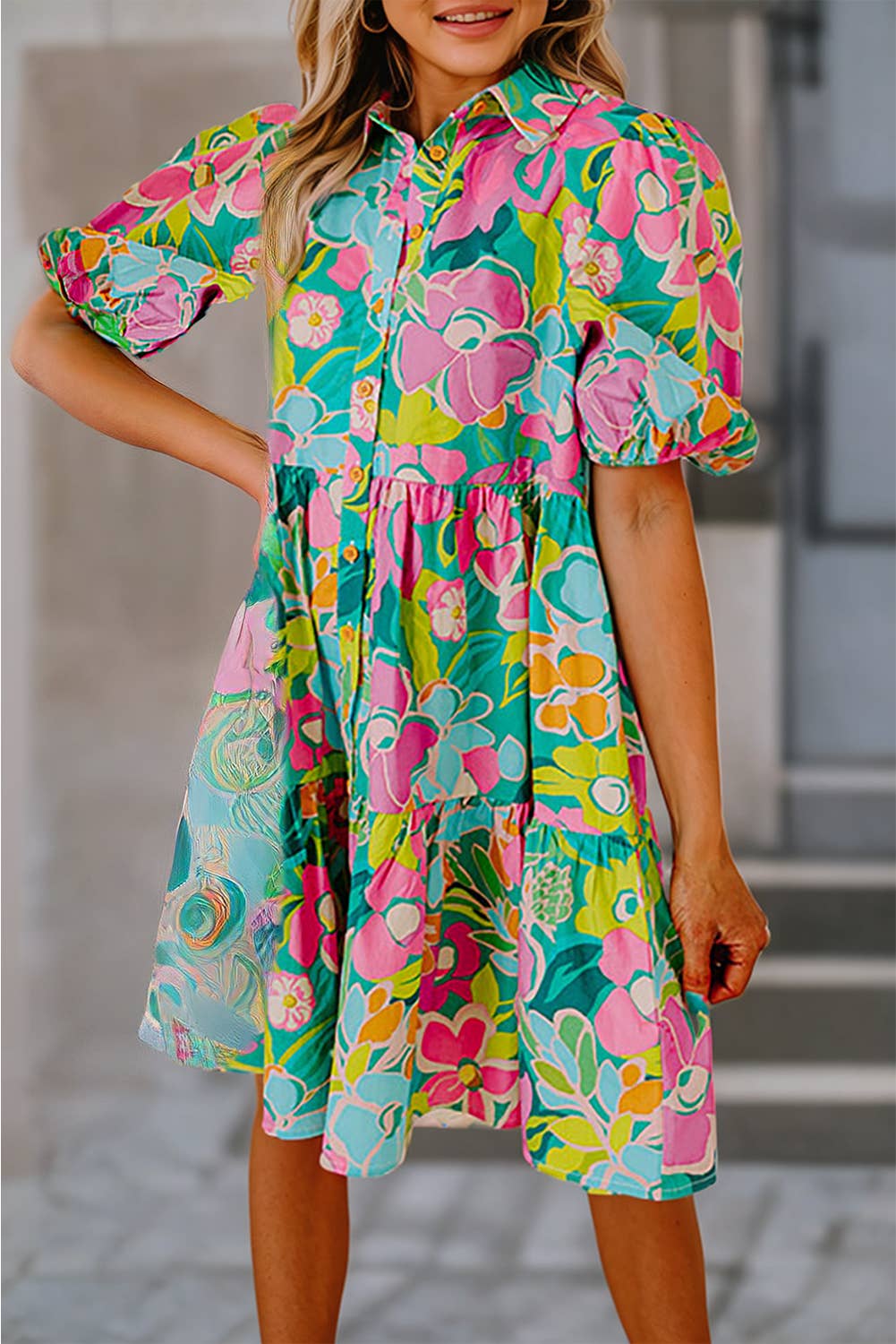 Women Floral Print Collared Loose Babydoll Mini Dress | S-XL: Missy /