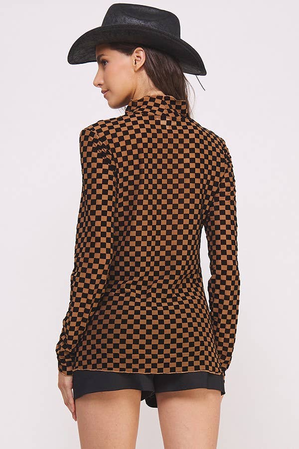 LONG SLEEVE CHECKERED MESH MOCK NECK TOP: BLACK/WHITE