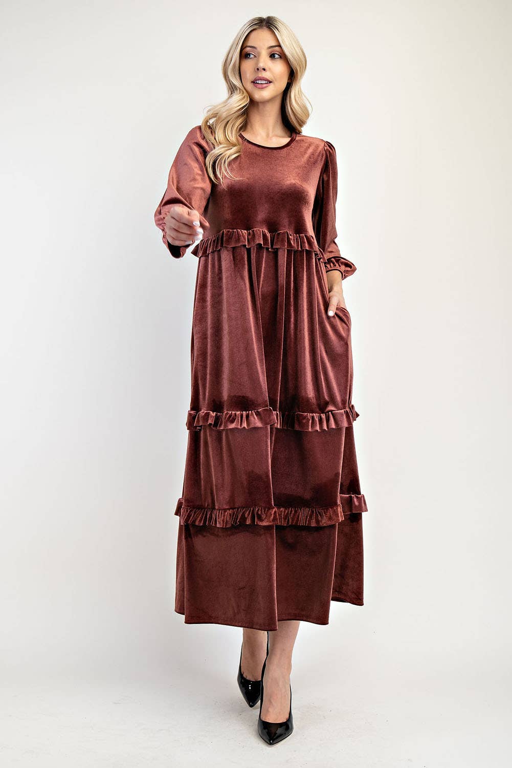 ELEGANT VELVET TIERED MODEST DRESS -MD33897: Purple