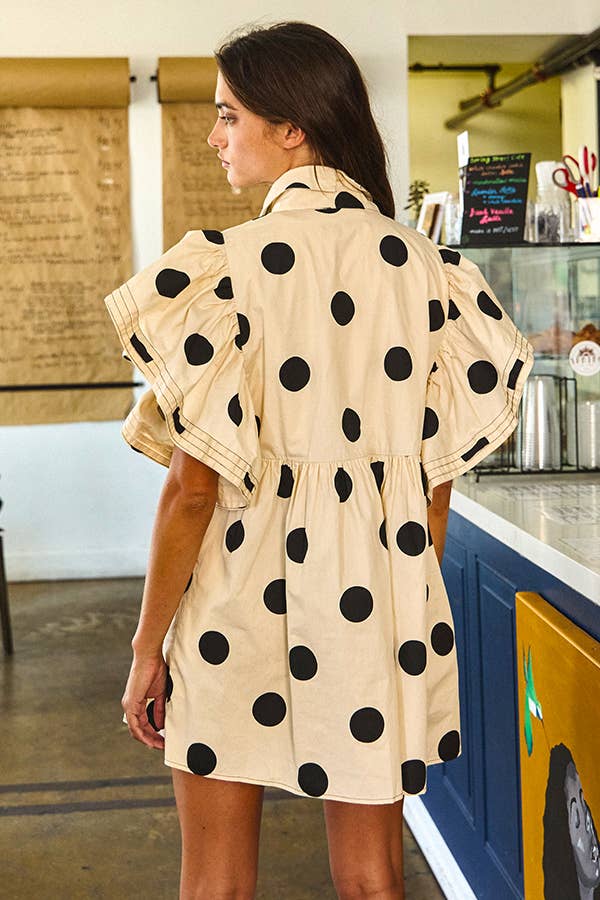 ID4283 Ruffle Sleeve Pintuck Detail Polka Dot Mini Dress: Taupe / S-M-L (2-2-2)