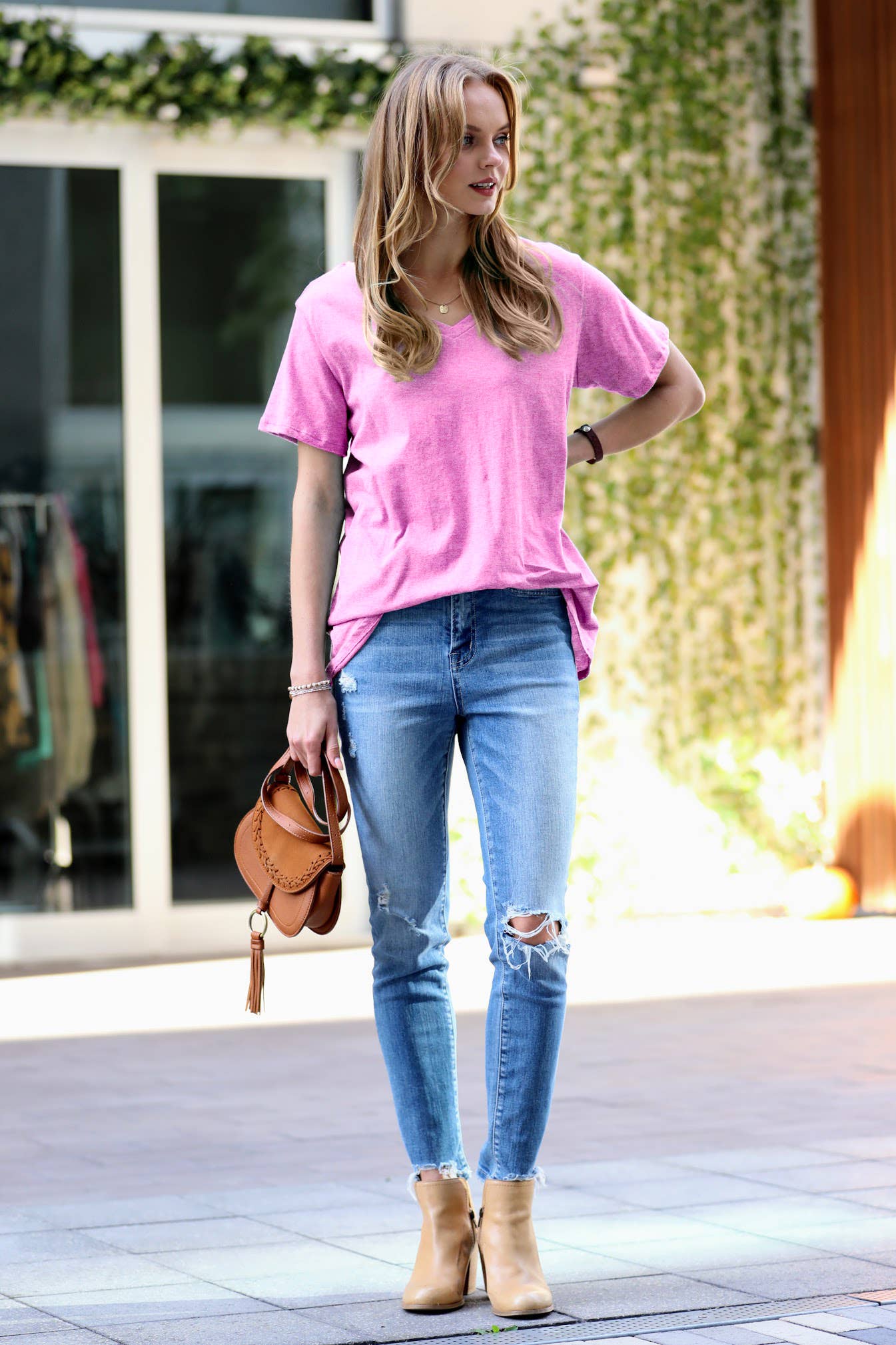 ,,,,,...SI-23938 COTTON SHORT SLEEVE BOYFRIEND  V-NECK TEE: / MAGENTA-149944