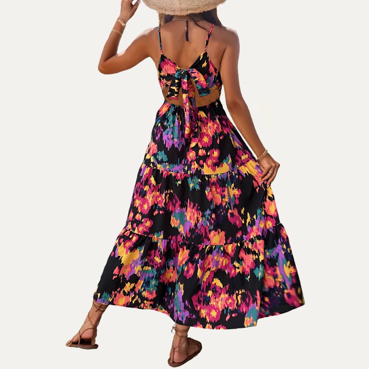 Holiday Multicolor Printed Sleeveless Open-Back Maxi Dress: Multi