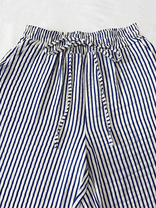 Loose Drawstring Elasticity Pockets Split-Joint Striped Pants Trousers: BLACK