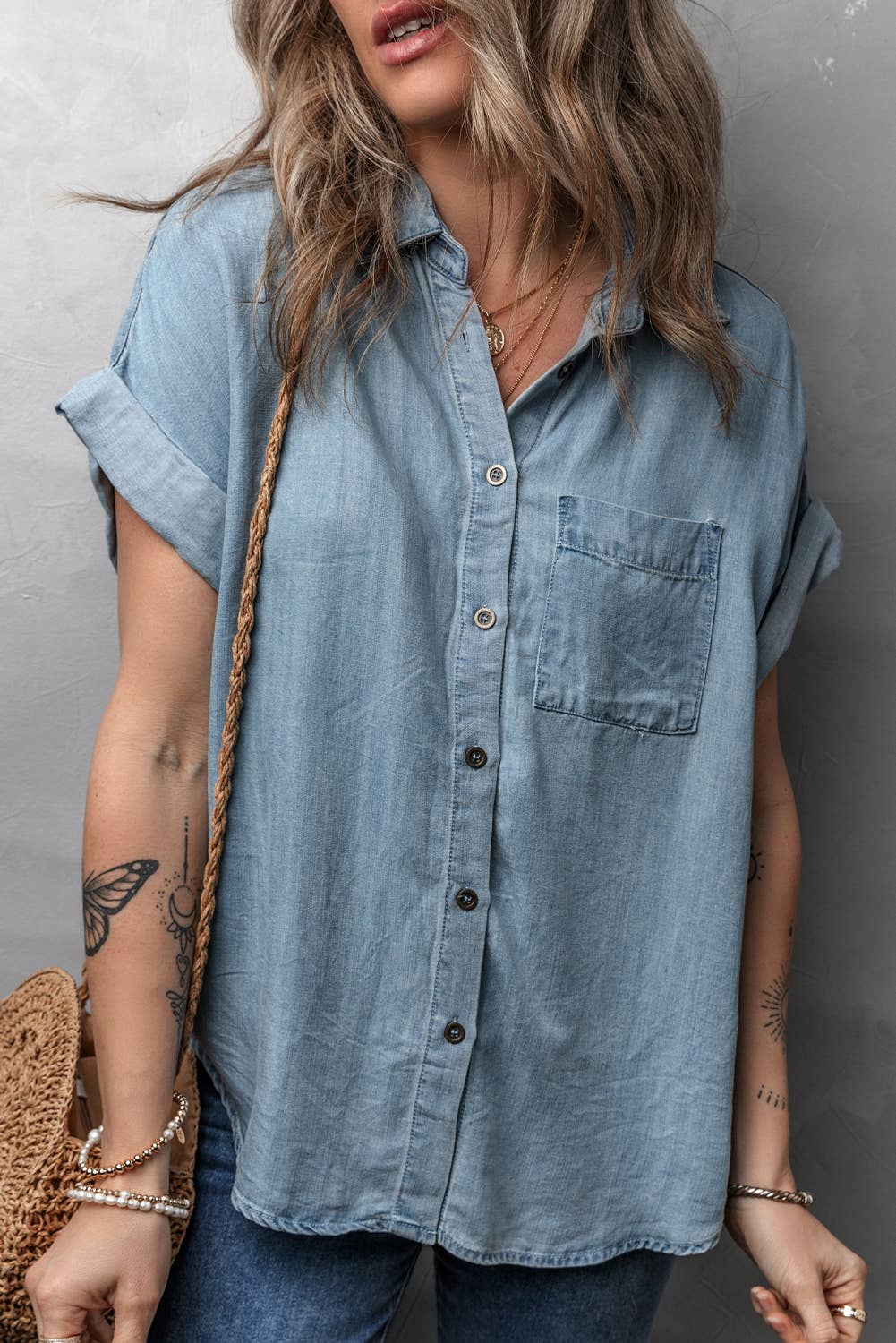 LDC Folded Short Sleeve Patched Pocket Denim Shirt: Dusk Blue