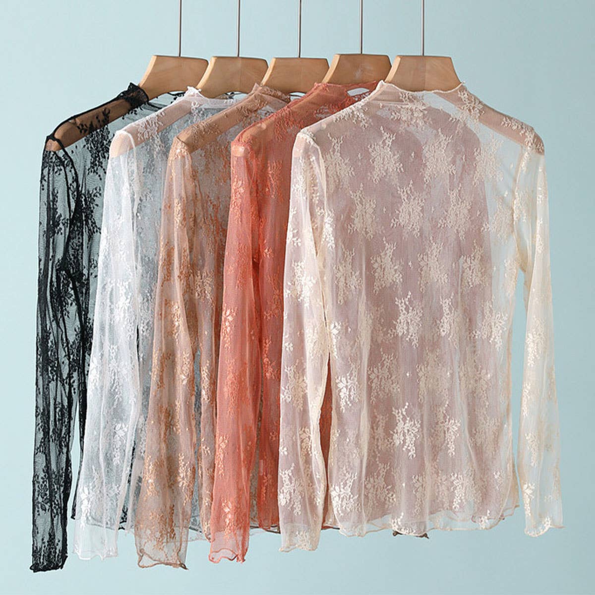 SEMI SHEER MESH LACE SEXY SLIM BOTTOMING SHIRT_CWTBLL2662: APRICOT
