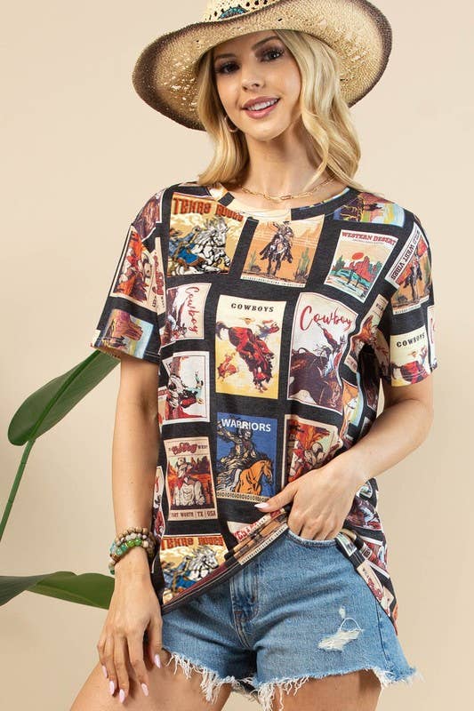 AV1205-RIO VINTAGE WESTERN PRINT SHORT SLEEVE T-SHIRT : Black Multi / Contemporary