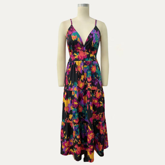 Holiday Multicolor Printed Sleeveless Open-Back Maxi Dress: Multi
