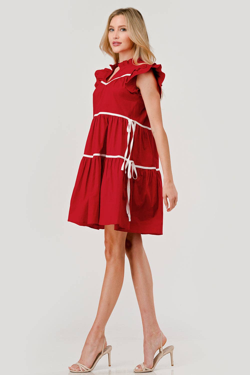 Ashby Tiered Contrast Piping Ruffle Poplin Dress in Ruby Red