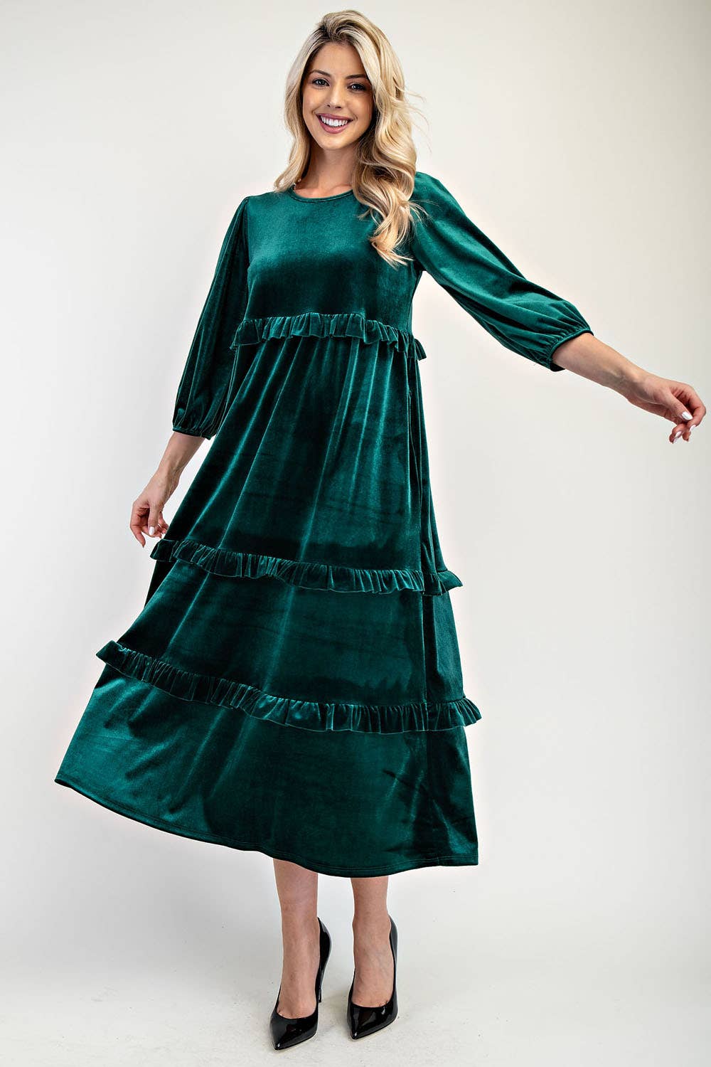 ELEGANT VELVET TIERED MODEST DRESS -MD33897: Purple